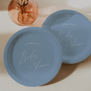 Whimsical Dusty Blue Baby Shower Paper Plate