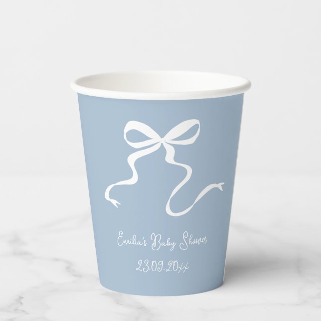 Whimsical Dusty Blue Bow Baby Shower  Paper Cups (Back)