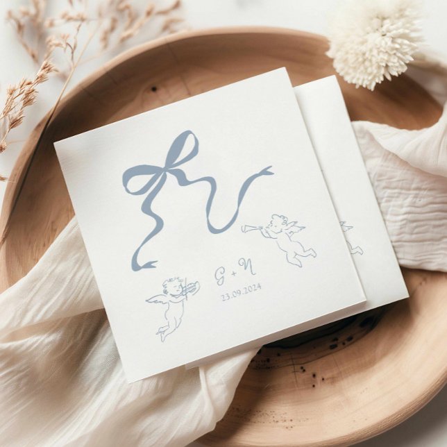 Whimsical Dusty Blue Bow Wedding Napkin (hand drawn bow dusty blue wedding cocktail napkin, cherub illustration cocktail napkin)