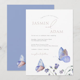 Whimsical Dusty Blue Butterfly Wildflower Monogram Invitation