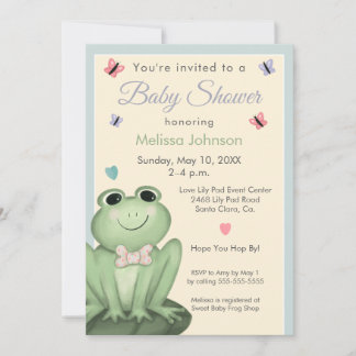 Whimsical Dusty Blue Cream Frog Baby Shower Invitation