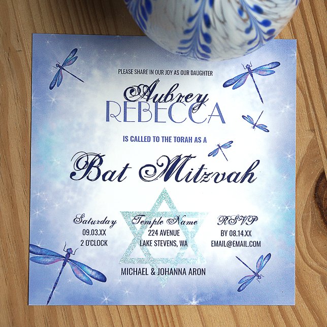 Whimsical Dusty Blue Dragonflies Bat Mitzvah Invitation (Princess blue sparkle and shine design with star of david and dragonflies)