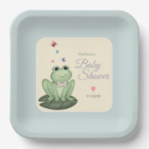 Whimsical Dusty Blue Frog Baby Boy Shower Paper Plate