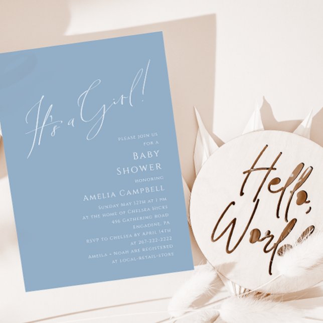 Whimsical Dusty Blue It's a Girl Baby Shower  Invitation (Creator Uploaded)