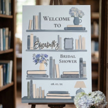 Whimsical Dusty Blue Library Bookshelf Welcome