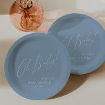 Whimsical Dusty Blue Oh Baby! Baby Shower Paper Plate<br><div class="desc">Introducing our whimsical dusty blue oh baby! baby shower paper plates, perfect for your simple modern boho spring or winter celebration! This plate has a boho-chic vibe with elegant calligraphy and a minimalist white-on-blue design, making it ideal for boys. Plus, it's editable, so you can add your own classy, whimsical...</div>