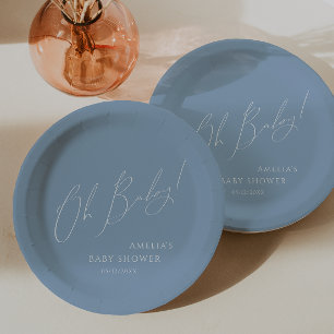 Whimsical Dusty Blue Oh Baby! Baby Shower Paper Plate