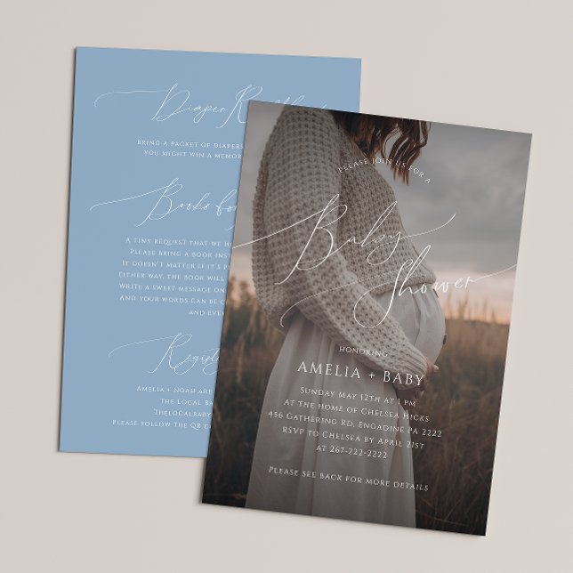 Whimsical Dusty Blue Photo All in One Baby Shower Invitation (Creator Uploaded)