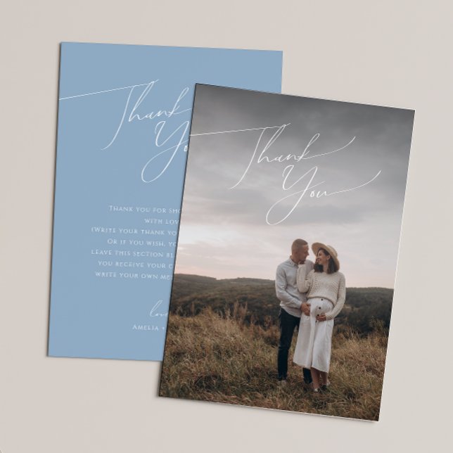 Whimsical Dusty Blue Vertical Photo Baby Shower Thank You Card (Creator Uploaded)