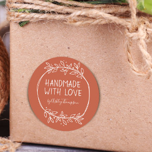 Whimsical Dusty Orange Handmade With Love Classic Round Sticker
