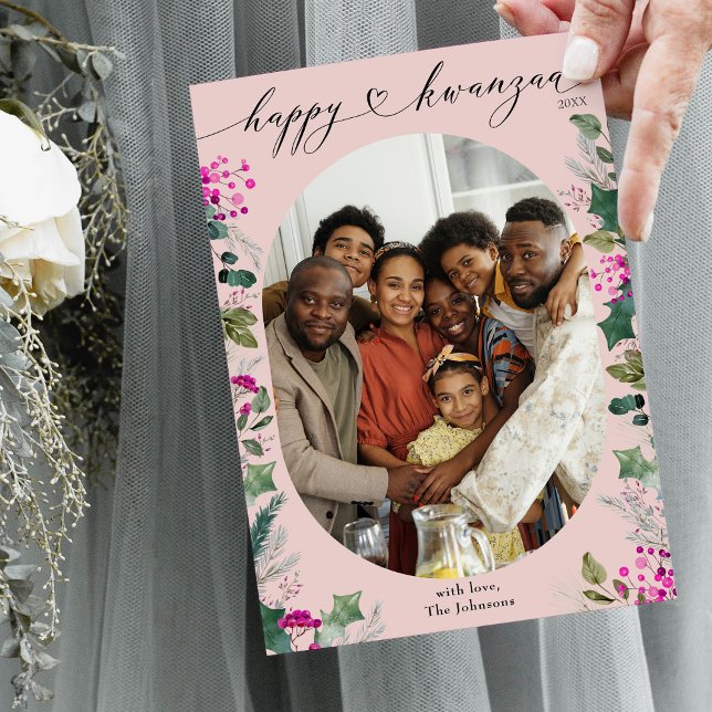 Whimsical Dusty Pink Botanical Happy Kwanzaa Photo Holiday Card (Creator Uploaded)