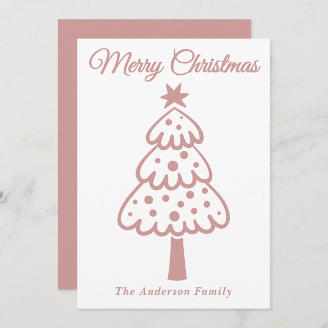 Whimsical Dusty Rose Hand Drawn Christmas Tree Holiday Card (Front/Back)