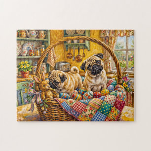 Whimsical Easter Basket Mops Dog Illustration Jigsaw Puzzle