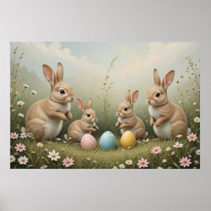 Whimsical Easter Bunnies in Meadow Rustic Pastel  Poster