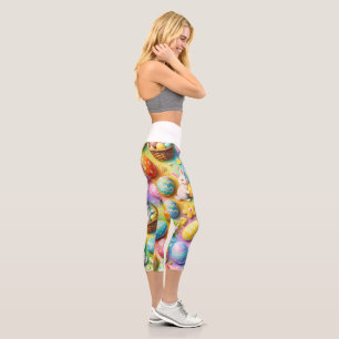 Whimsical Easter bunny and colourful eggs high wai Capri Leggings