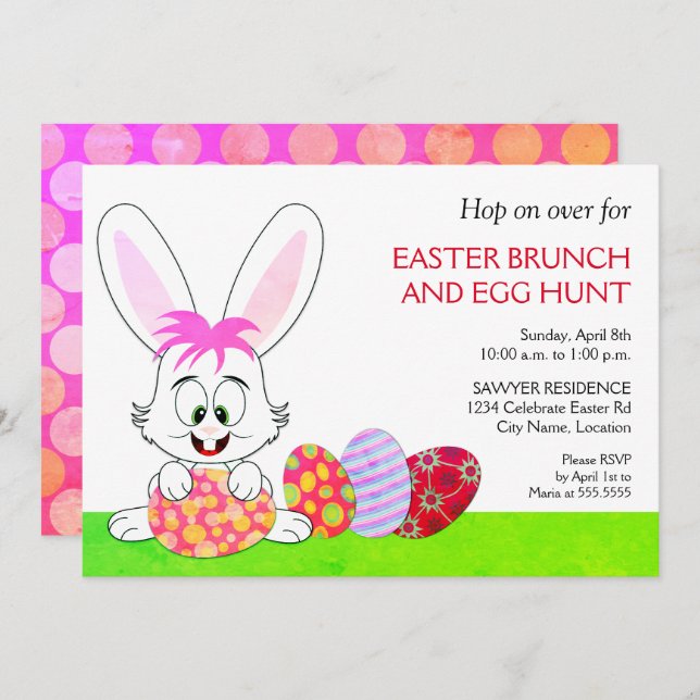 Whimsical Easter Bunny and Eggs Party Invitation (Front/Back)