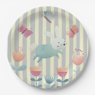 Whimsical Easter Bunny blue and white floral  Paper Plate
