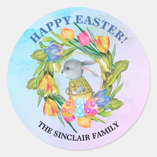Whimsical Easter Bunny Eggs Tulips Classic Round Sticker (Front)