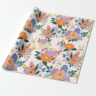 Whimsical Easter Bunny Floral & Egg Folk Art Wrapping Paper