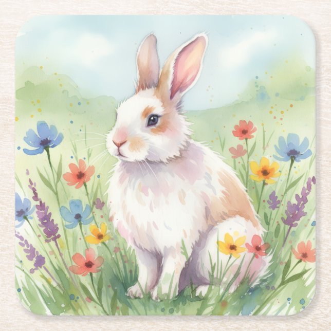 Whimsical Easter Bunny Spring coaster square (Front)