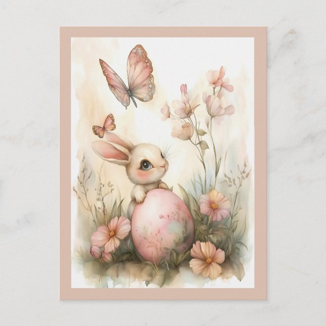 Whimsical Easter Bunny with Butterflies Blush Pink Holiday Postcard (Front)