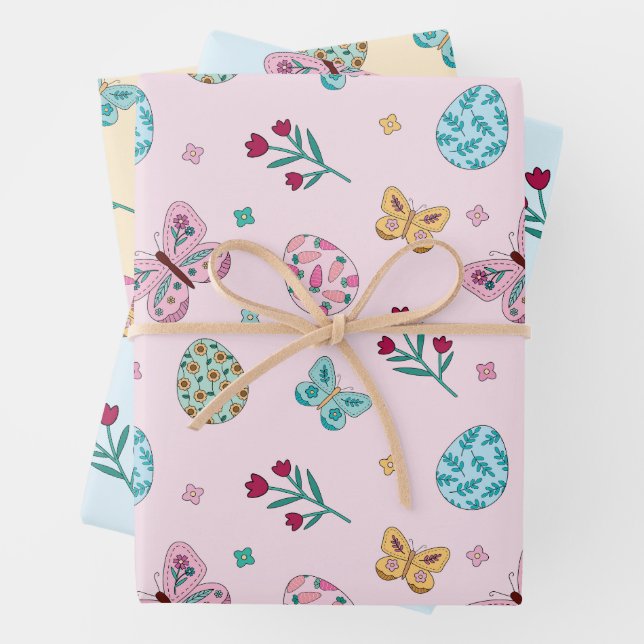 Whimsical Easter Egg, Butterfly & Floral  Wrapping Paper Sheet (In situ)