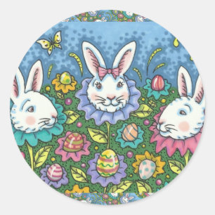 WHIMSICAL EASTER EGG GARDEN, BUNNY RABBIT FLOWERS CLASSIC ROUND STICKER