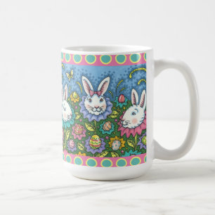 WHIMSICAL EASTER EGG GARDEN, BUNNY RABBIT FLOWERS COFFEE MUG