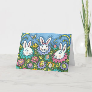WHIMSICAL EASTER EGG GARDEN, BUNNY RABBIT FLOWERS HOLIDAY CARD