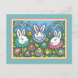 WHIMSICAL EASTER EGG GARDEN, BUNNY RABBIT FLOWERS HOLIDAY POSTCARD