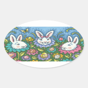 WHIMSICAL EASTER EGG GARDEN, BUNNY RABBIT FLOWERS OVAL STICKER