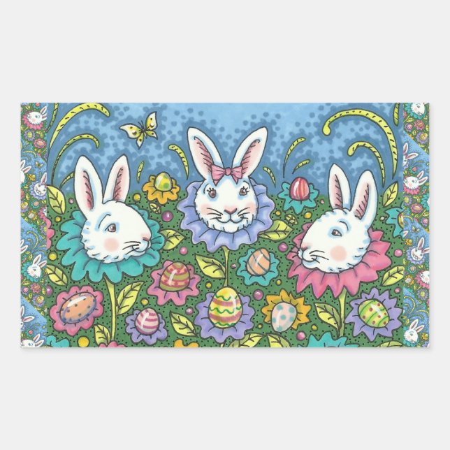 WHIMSICAL EASTER EGG GARDEN, BUNNY RABBIT FLOWERS RECTANGULAR STICKER (Front)
