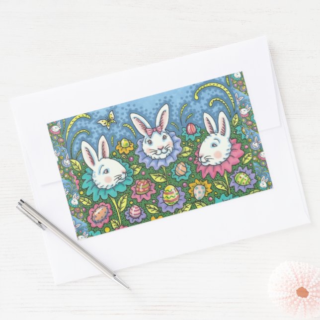 WHIMSICAL EASTER EGG GARDEN, BUNNY RABBIT FLOWERS RECTANGULAR STICKER (Envelope)