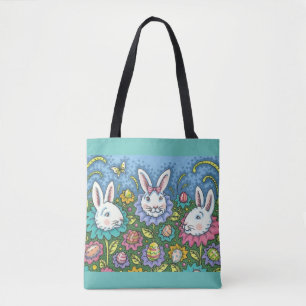 WHIMSICAL EASTER EGG GARDEN, BUNNY RABBIT FLOWERS TOTE BAG