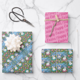 WHIMSICAL EASTER EGG GARDEN, BUNNY RABBIT FLOWERS WRAPPING PAPER SHEET