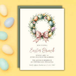 Whimsical Easter Egg Wreath Pink Bow Family Brunch Invitation
