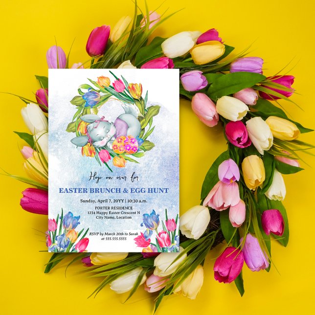 Whimsical Easter Eggs and Bunny Tulips Invitation (Easter brunch and egg hunt invitation top view design.)