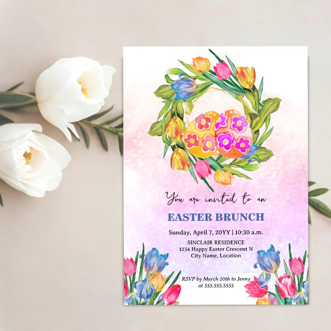 Whimsical Easter Eggs and Tulips Invitation (Whimsical eggs and tulips Easter brunch invitation top view.)
