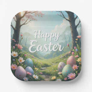 Whimsical Easter Forest Scene Happy Easter  Paper Plate