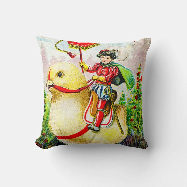 Whimsical Easter Greetings: Rider on Giant Chick Cushion (Front)