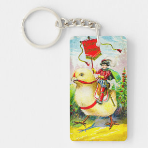 Whimsical Easter Greetings: Rider on Giant Chick Key Ring