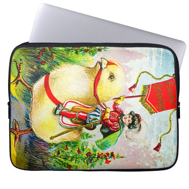 Whimsical Easter Greetings: Rider on Giant Chick Laptop Sleeve (Front)