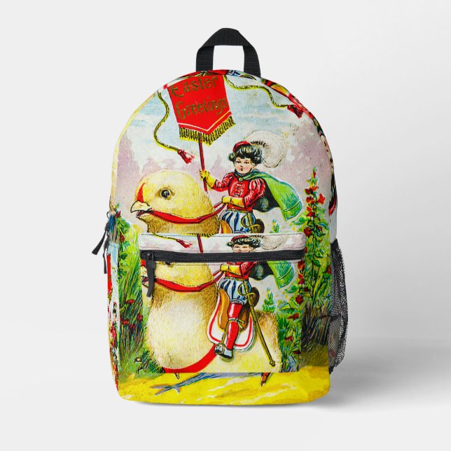 Whimsical Easter Greetings: Rider on Giant Chick Printed Backpack (Front)