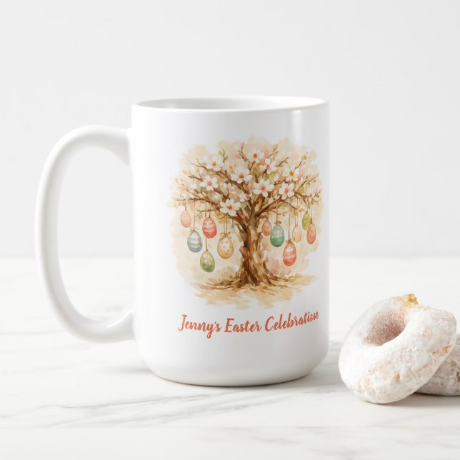 Whimsical Easter Mug with Blooming Tree and Eggs (With Donut)