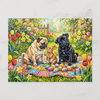 Whimsical Easter Picnic Mops Dog Illustration Postcard