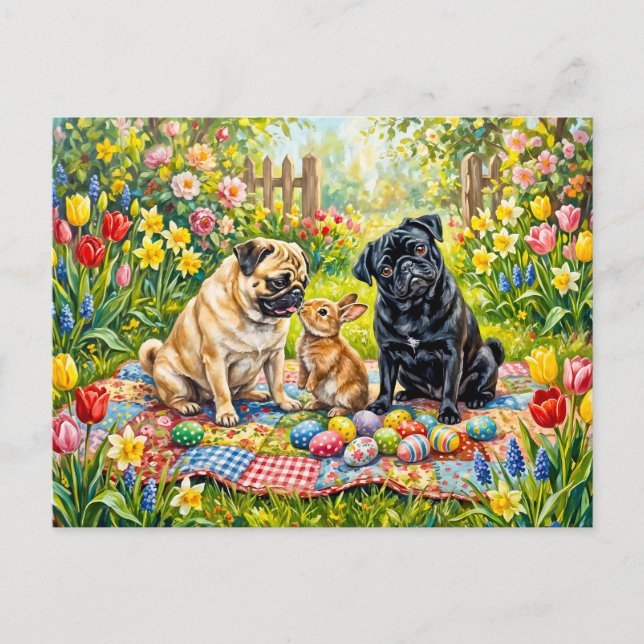 Whimsical Easter Picnic Mops Dog Illustration Postcard (Front)
