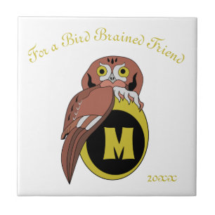 Whimsical Eastern Screech Owl Monogram Ceramic Tile