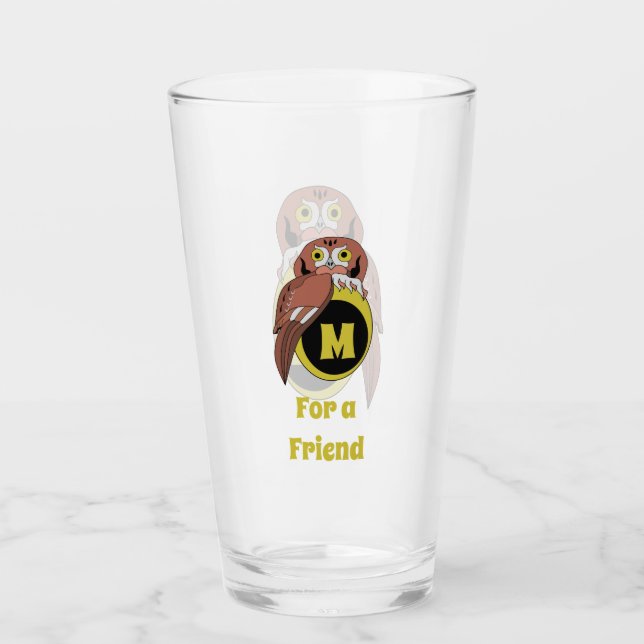 Whimsical Eastern Screech Owl Monogram Glass (Front)