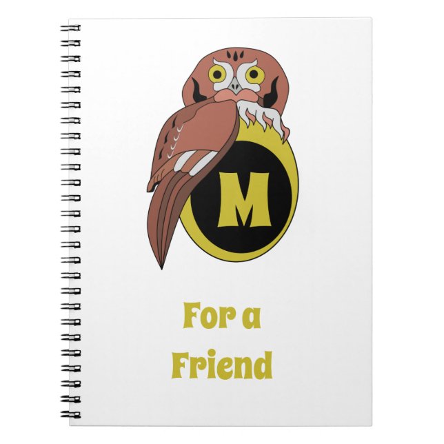 Whimsical Eastern Screech Owl Monogram Notebook (Front)