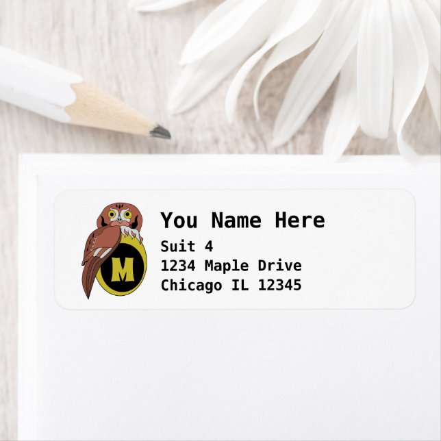 Whimsical Eastern Screech Owl Monogram Return Address Label (Insitu)